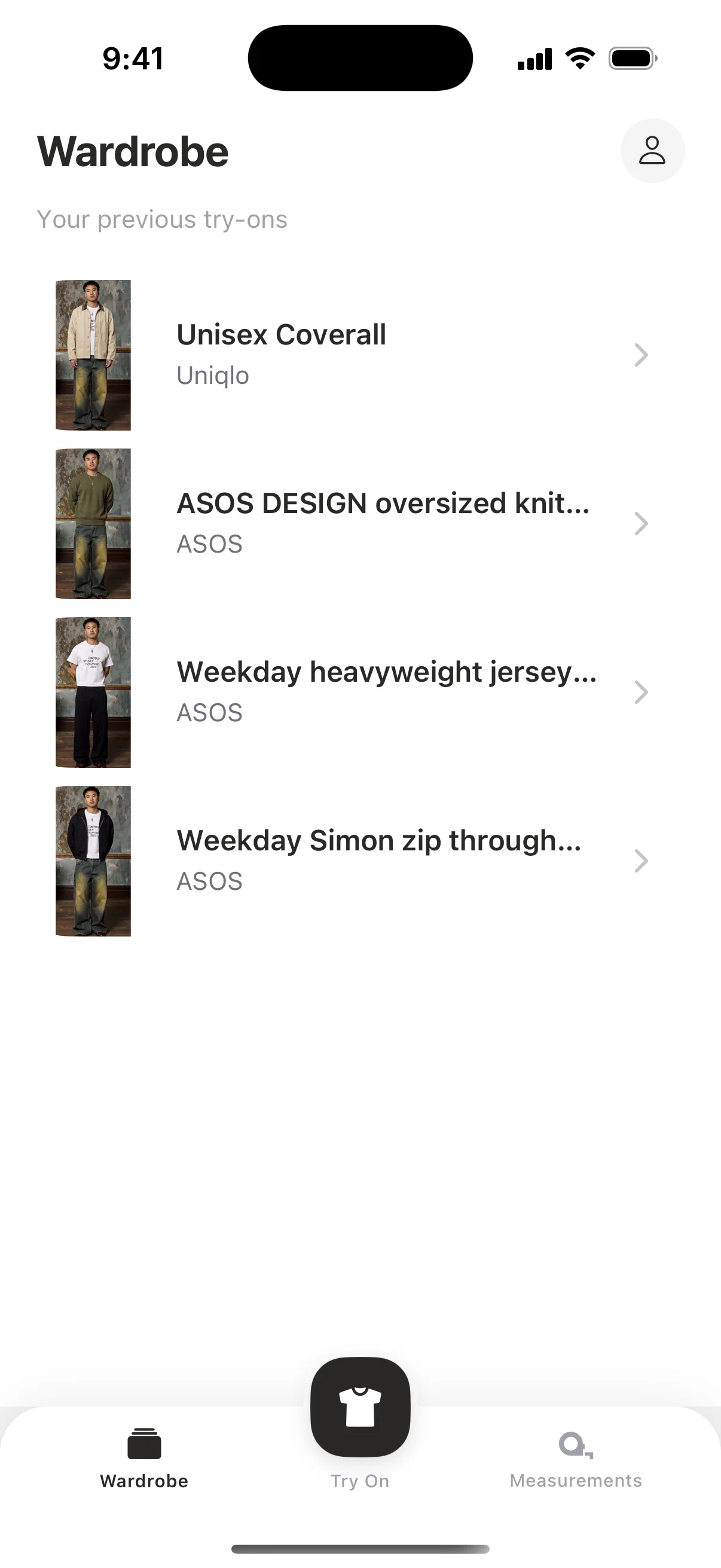 The wardrobe, listing previous try-ons