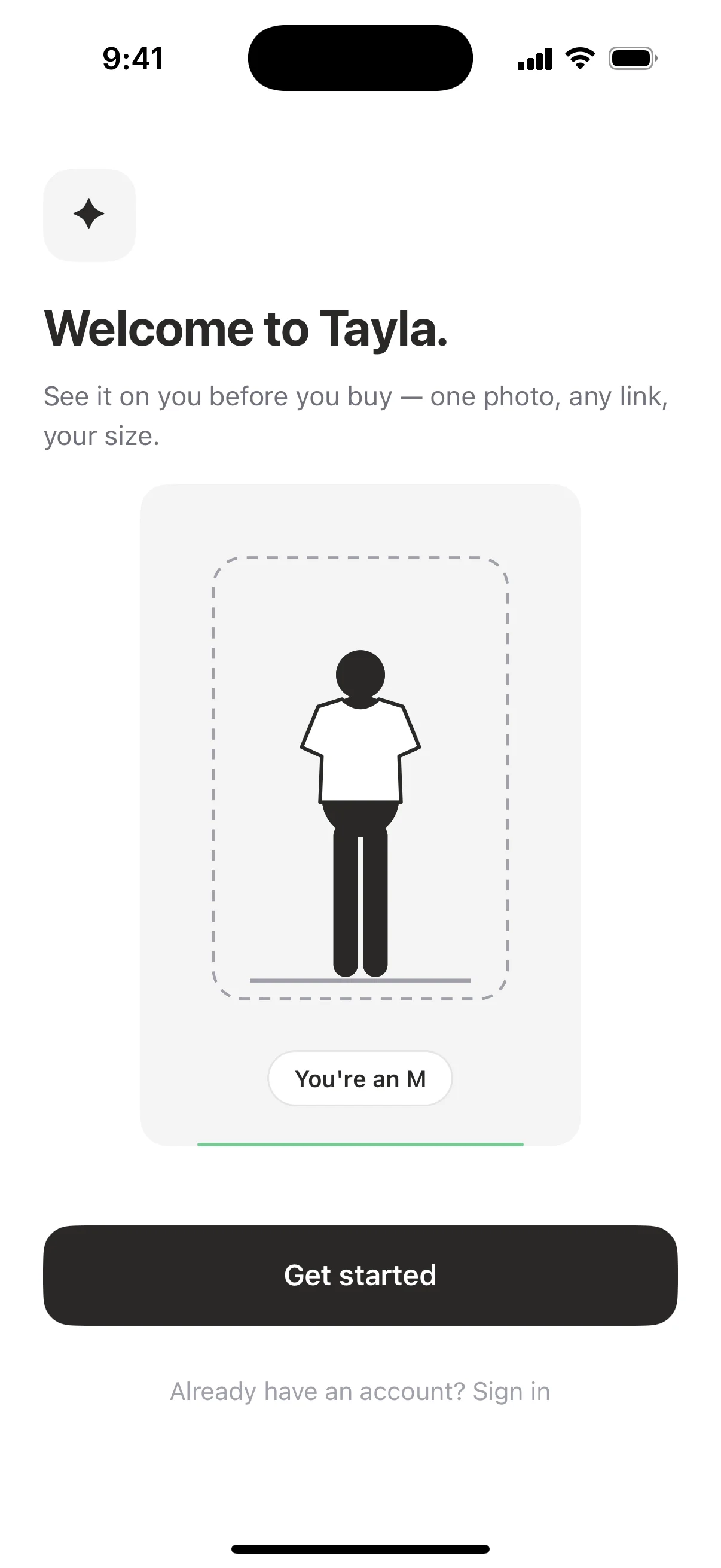 The Tayla welcome screen: see it on you before you buy