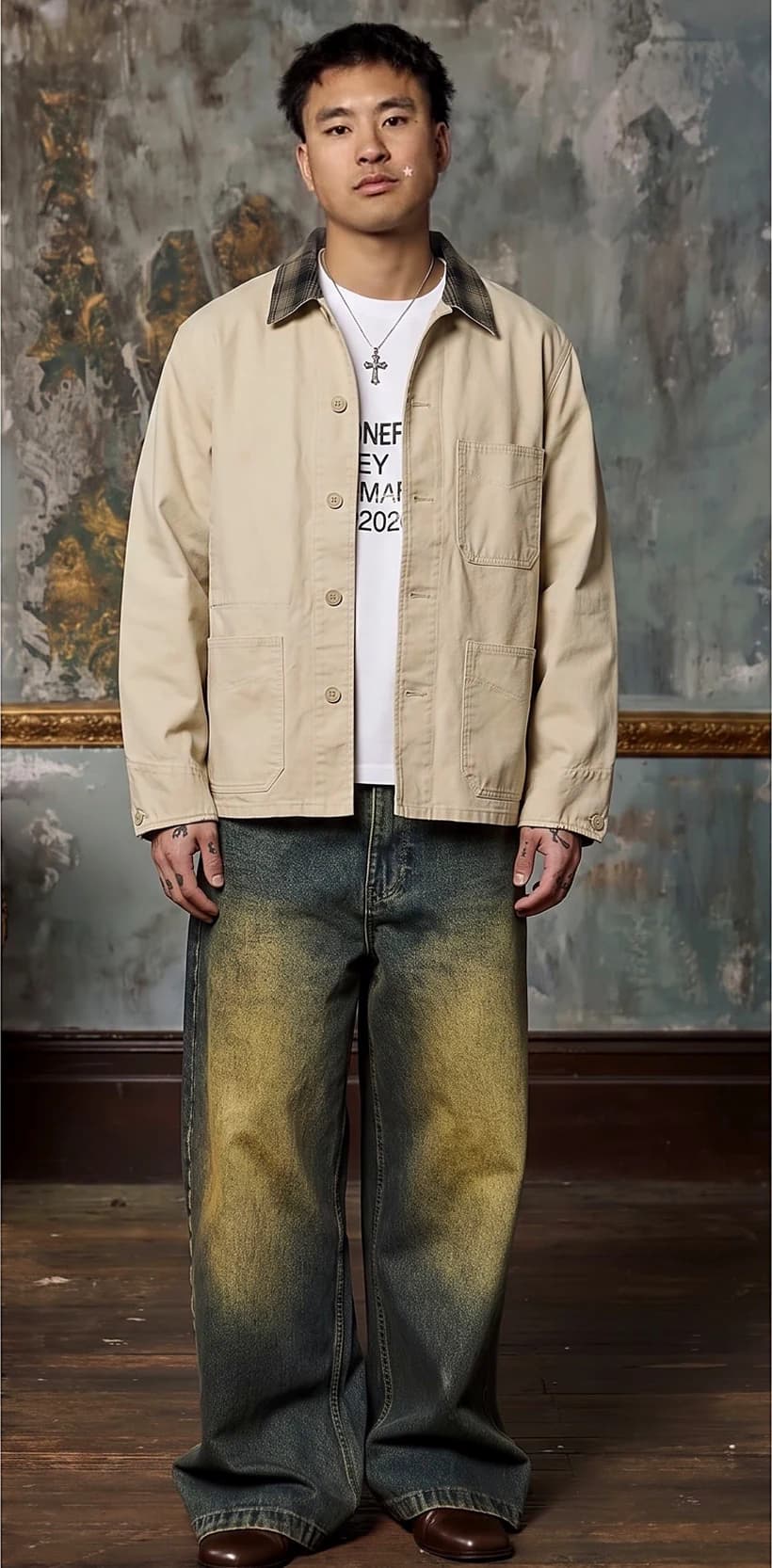 The same person, in the same room, rendered wearing a cream coverall jacket