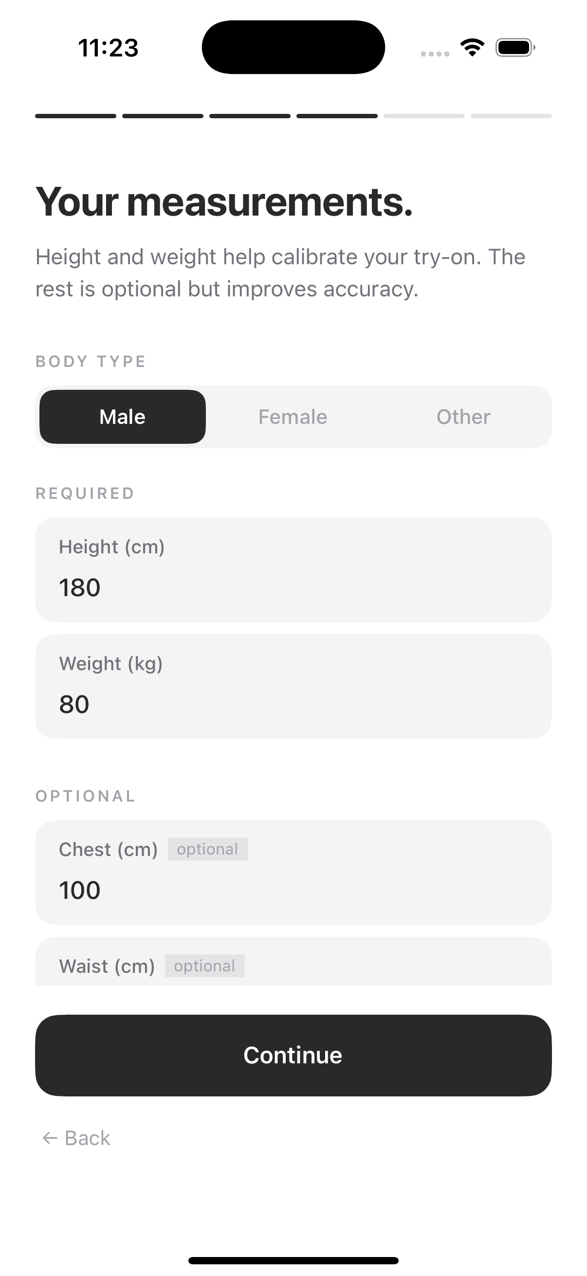 Entering height and weight measurements